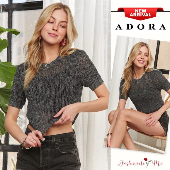 ADORA Lightweight Round Neck Short Sleeves Rib Knit Casual Crop Sweater | Grey - Picture 1 of 8